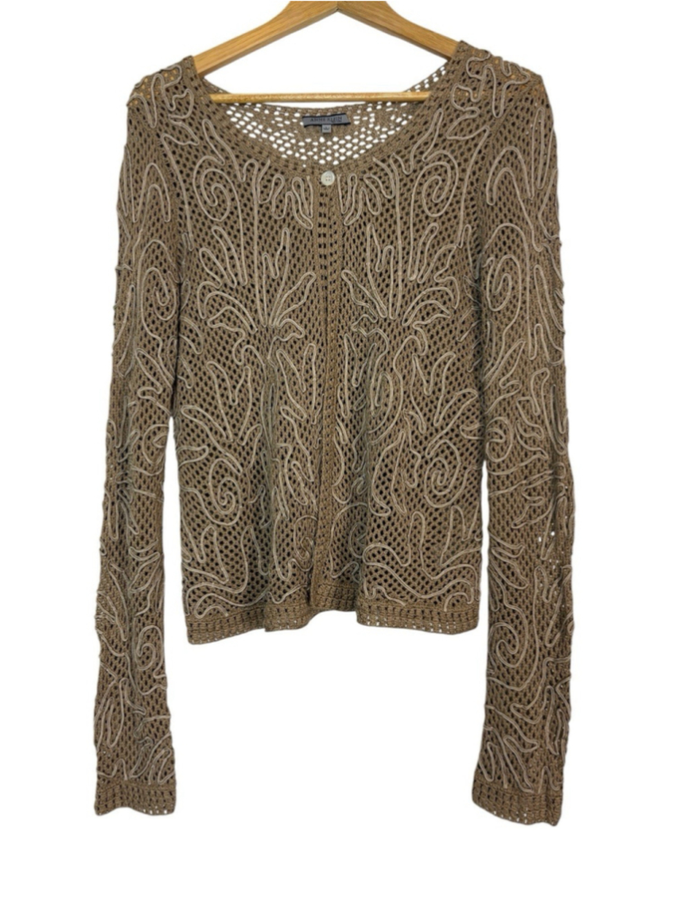 Anne Klein Crochet Cardigan Silk Linen Embroidered Open Knit Tan Beige Size L